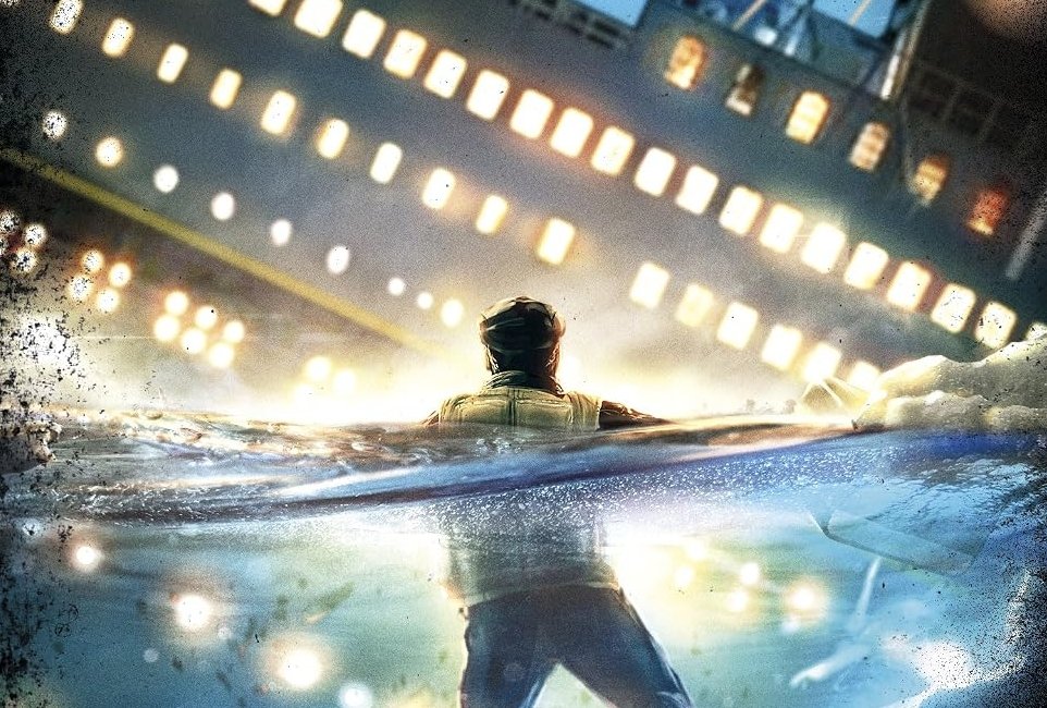 Book cover detail - a boy in the water in front of a sinking ship