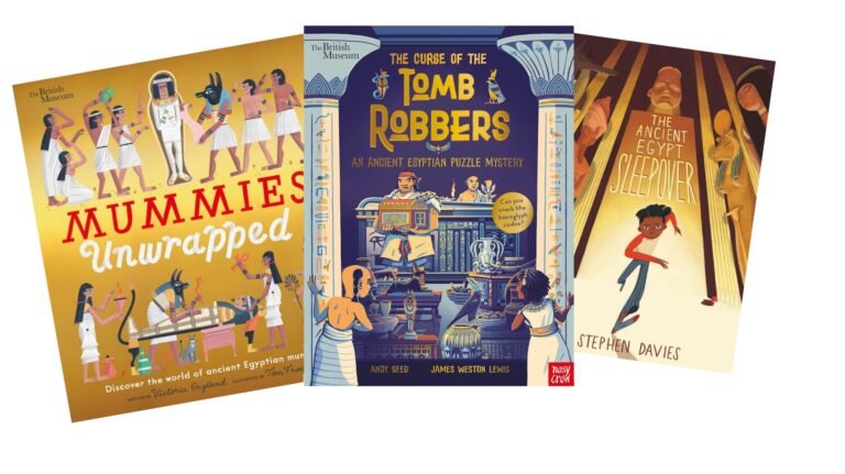 There children's books about Ancient Egypt on a white background