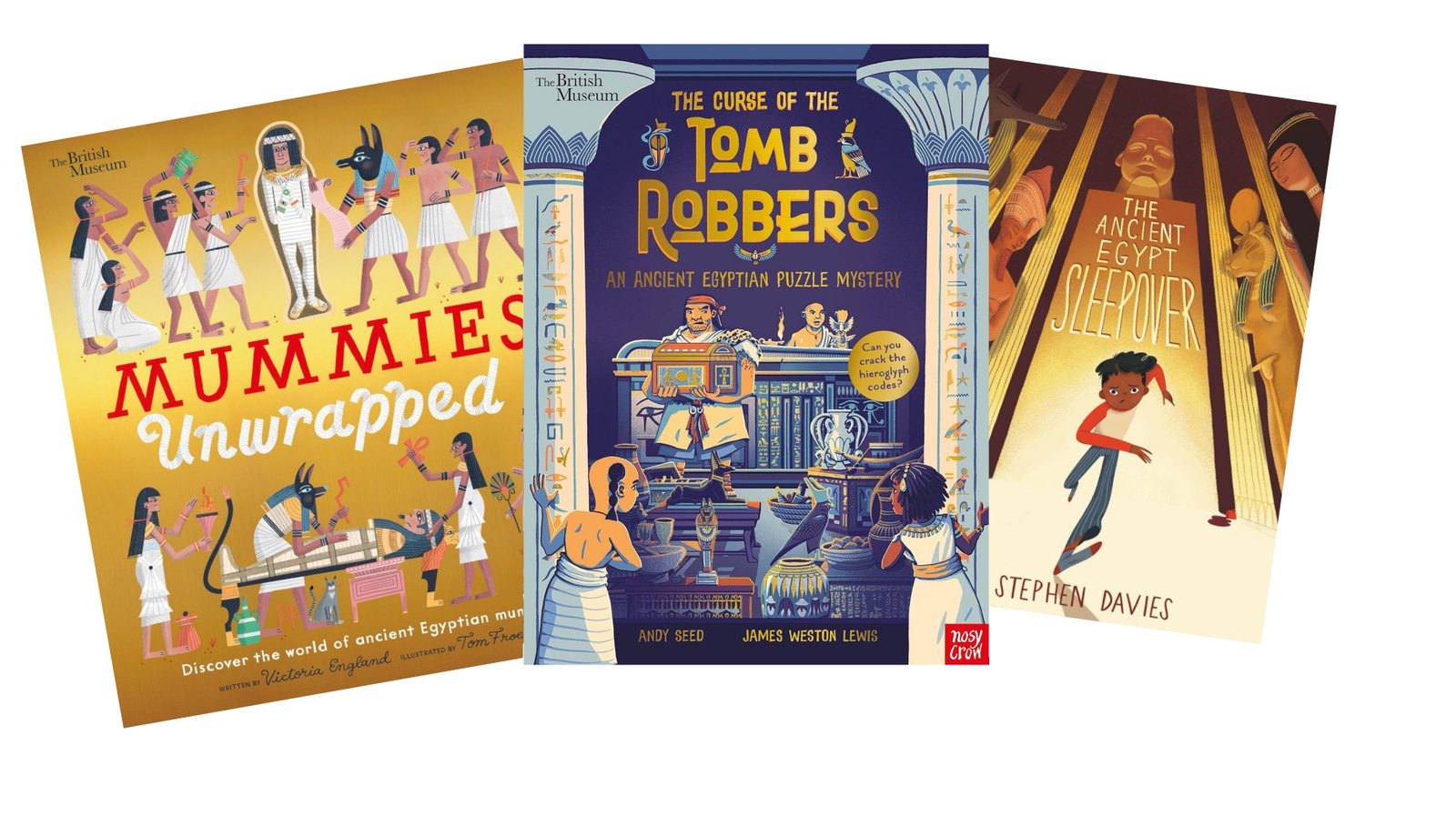 There children's books about Ancient Egypt on a white background