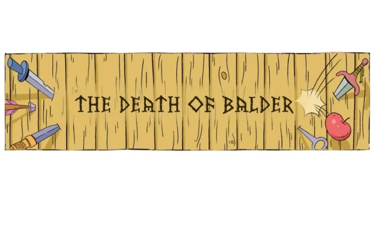 A wooden board with the words THE DEATH OF BALDER written in Norse runes