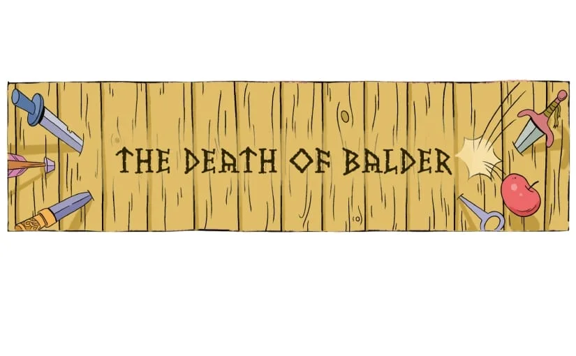 A wooden board with the words THE DEATH OF BALDER written in Norse runes