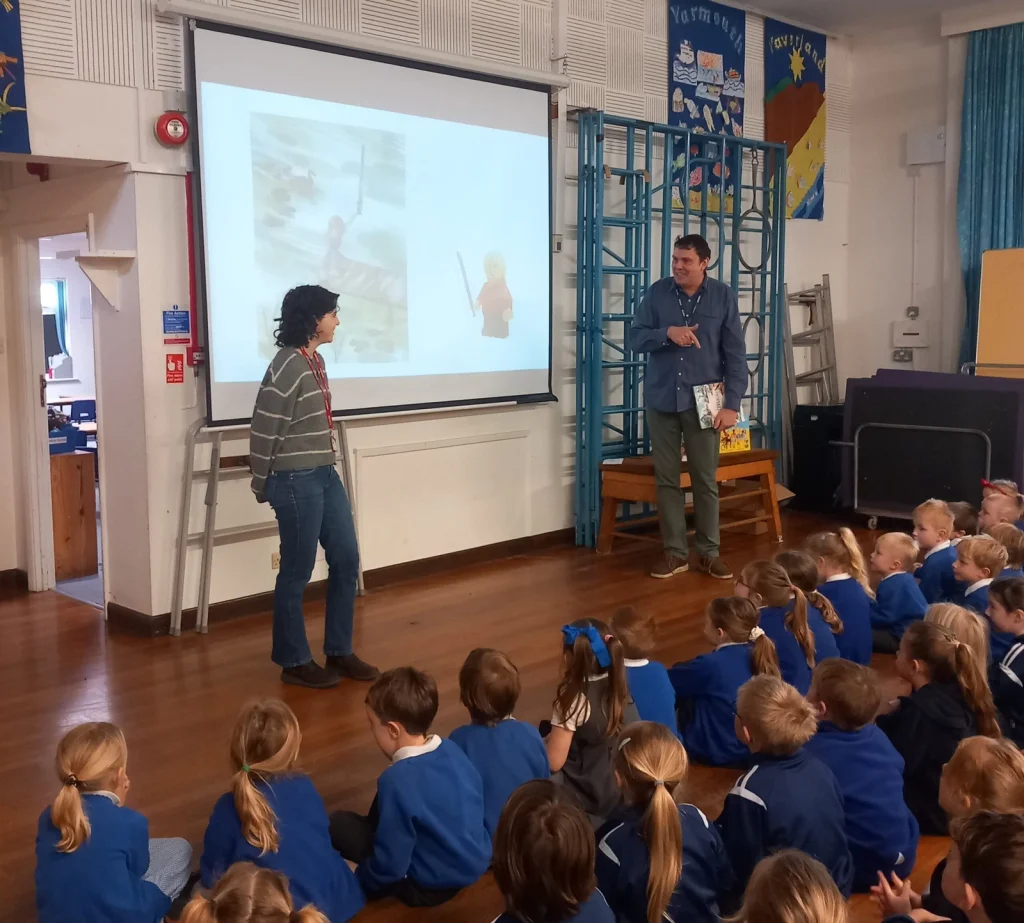Stephen Davies and Daisy Morris speaking at Niton Primary School, Isle of Wight