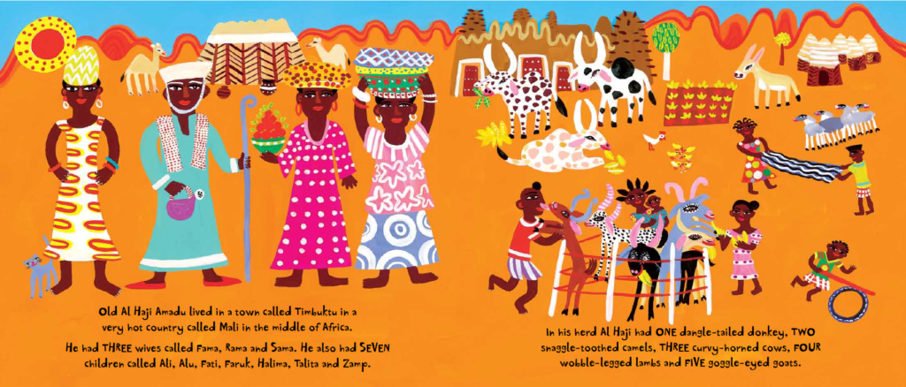 gouache painting - a Malian family with five naughty goats