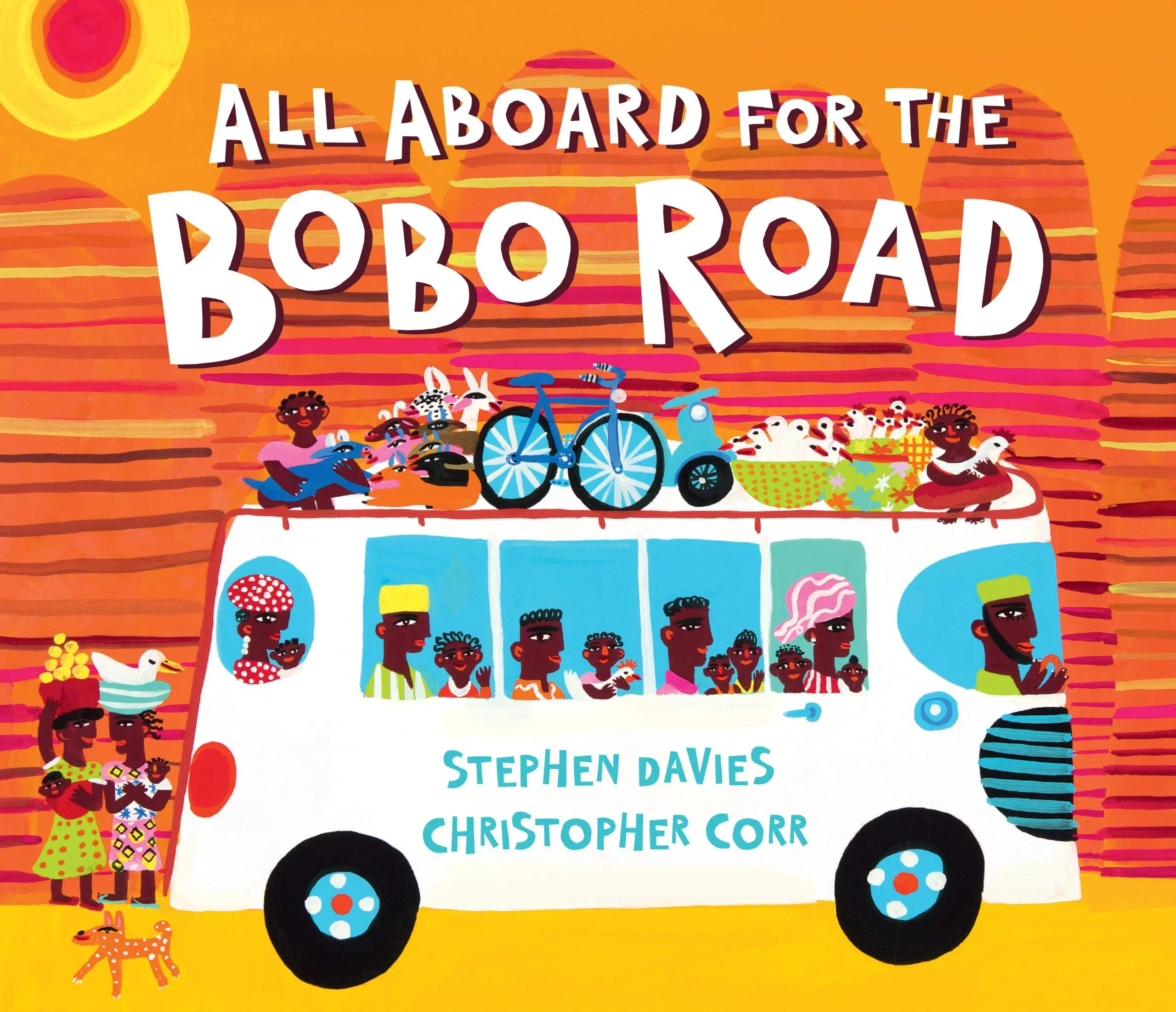 Front cover of All Aboard for the Bobo Road, showing a brightly painted bus and happy passengers