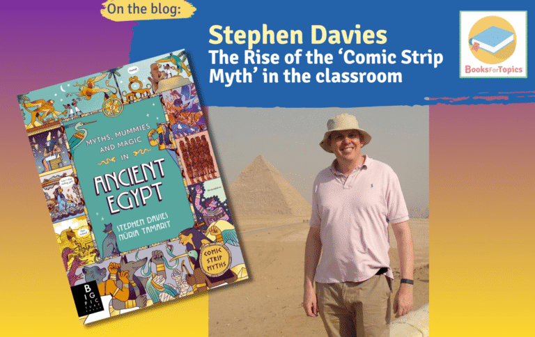 Books for Topics banner showing Stephen Davies by the pyramids of Giza