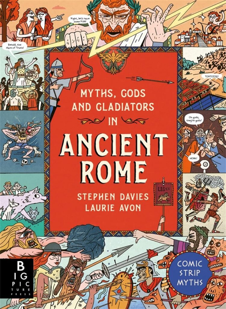 cartoon-filled front cover of Myths, Gods and Gladiators in Ancient Rome