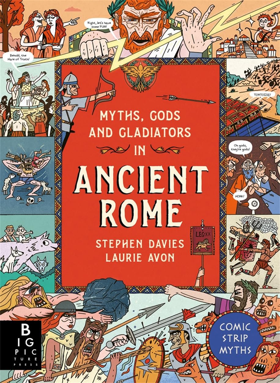 cartoon-filled front cover of Myths, Gods and Gladiators in Ancient Rome
