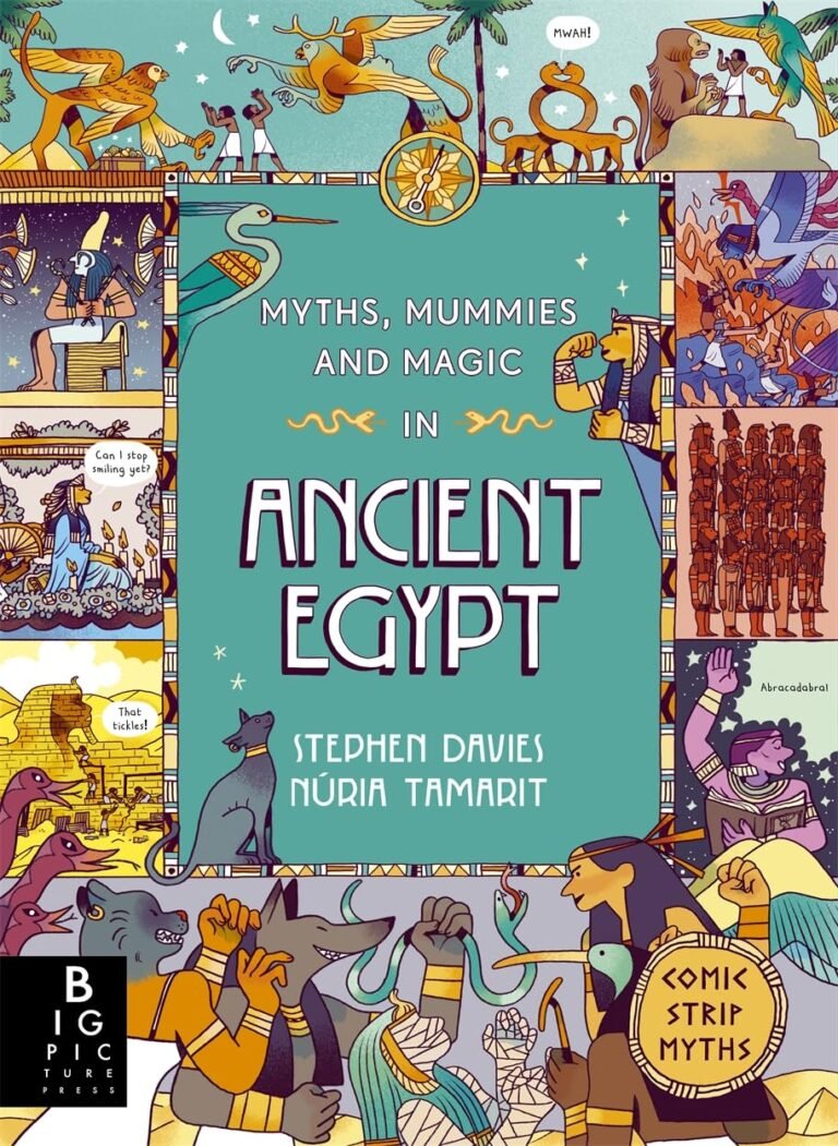 cartoon-filled front cover of Myths, Mummies and Magic in Ancient Egypt