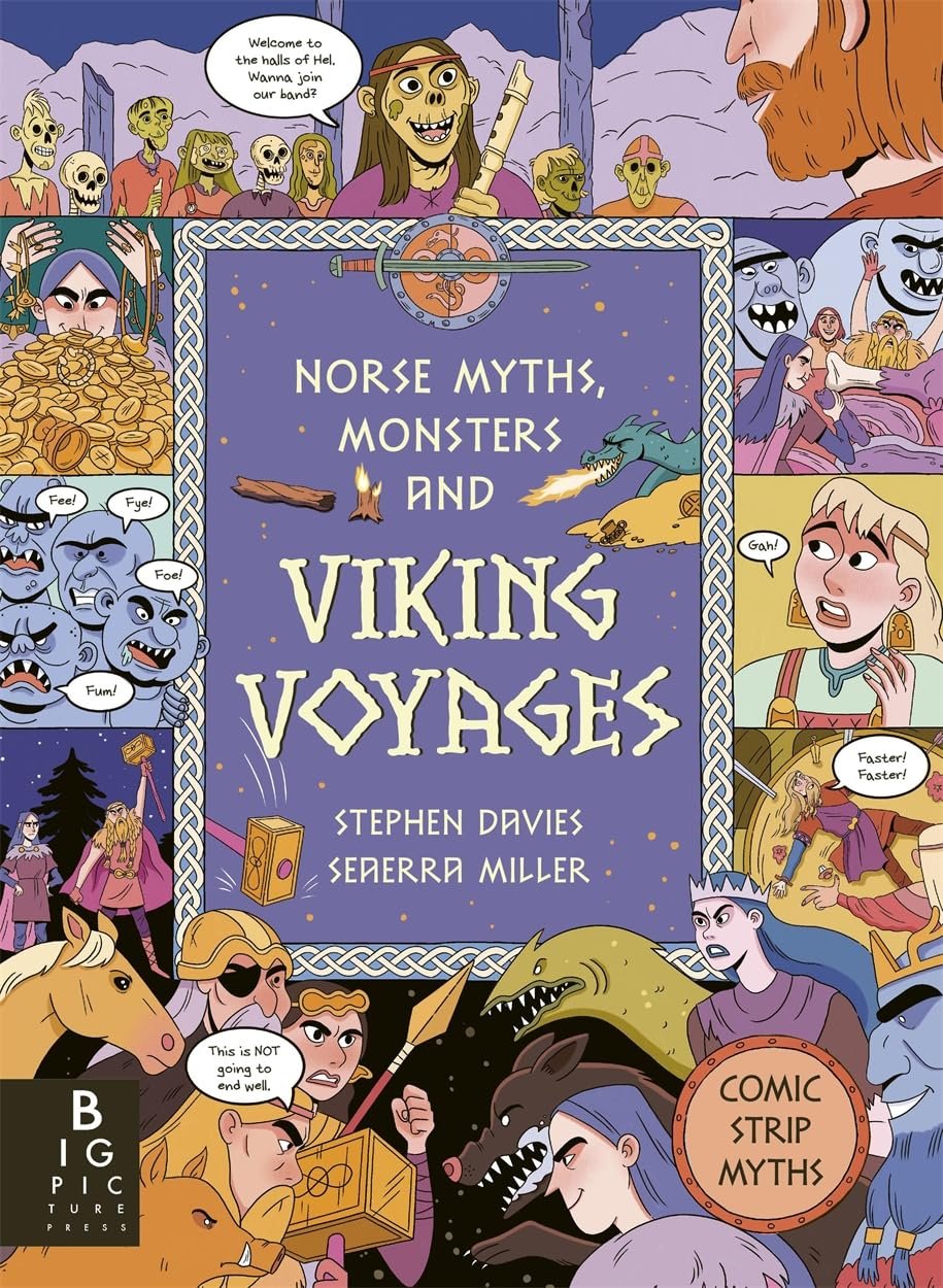 cartoon-filled front cover of Norse Myths, Monsters and Viking Voyages