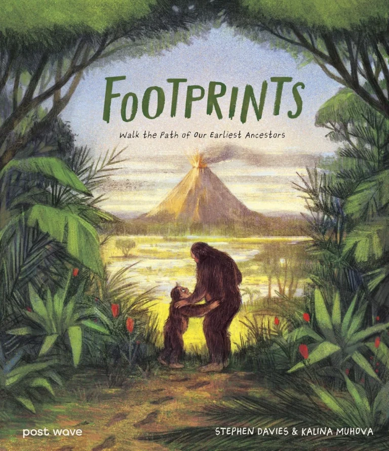 Footprints by Stephen Davies front cover showing prehistoric hominids in Africa