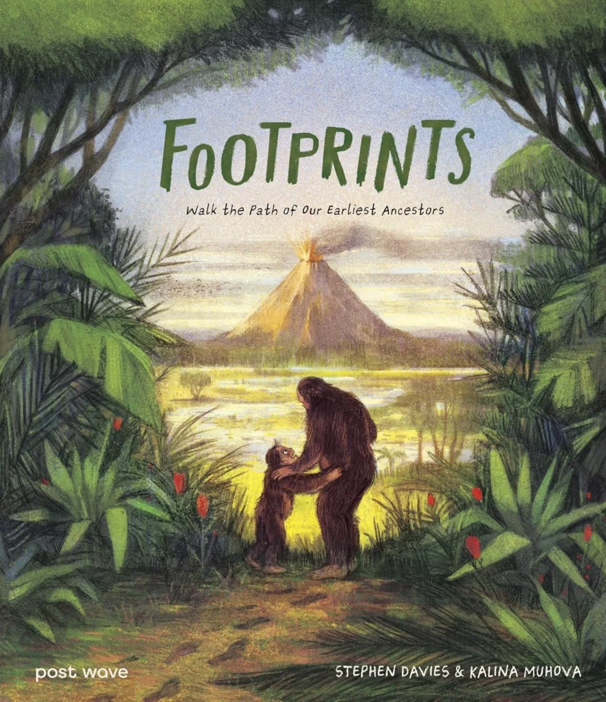 Footprints by Stephen Davies front cover showing prehistoric hominids in Africa