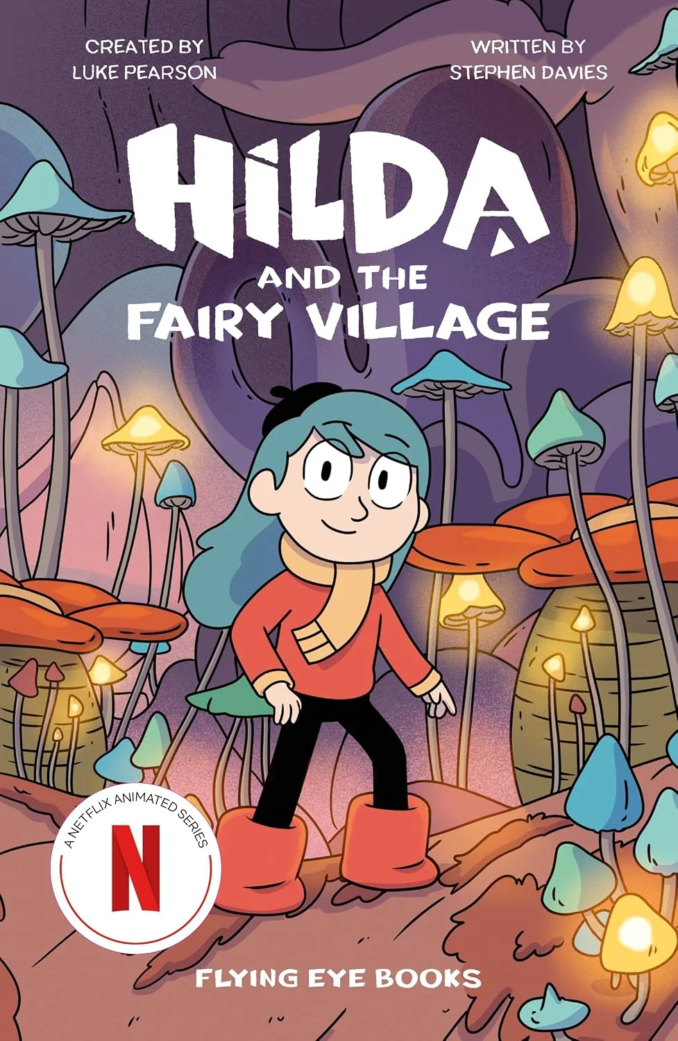 Front cover of Hilda and the Fairy Village showing Hilda in a glad of magical toadstools