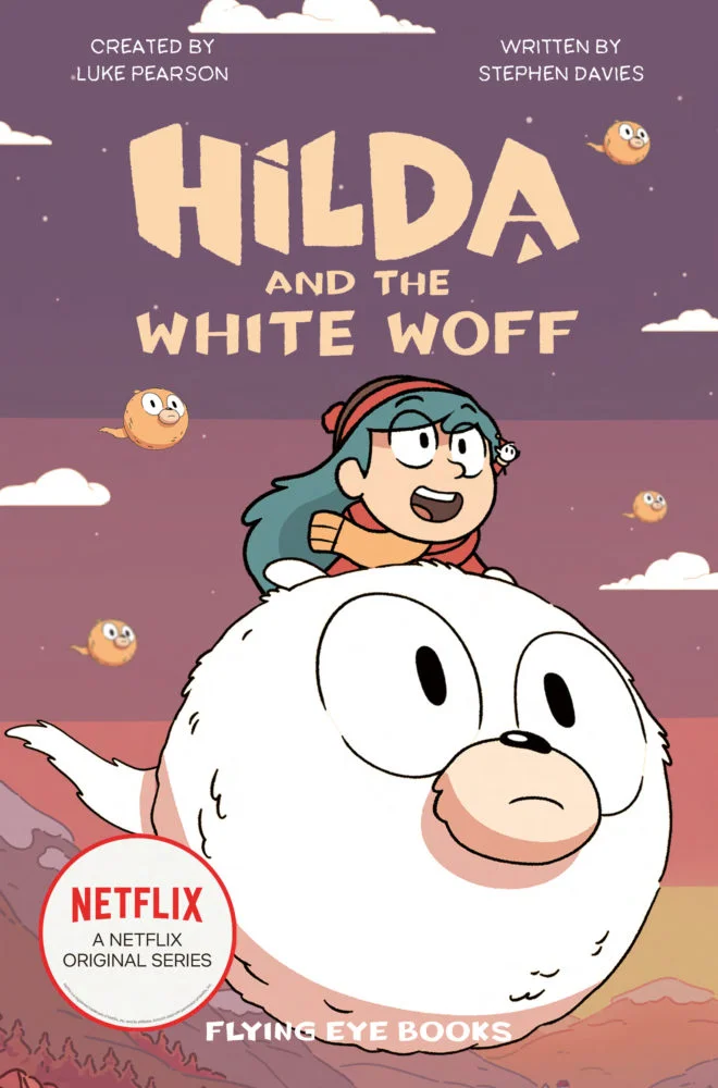 Front cover of Hilda and the White Woff by Stephen Davies: Hilda riding fluffy white flying thingy
