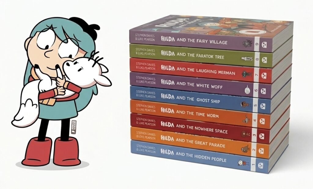 Hilda and Twig standing beside the Stephen Davies Hilda tie-in books