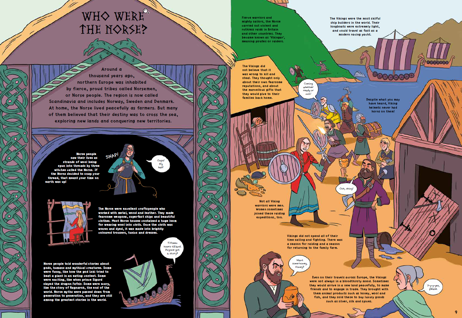a cartoon of Viking raiders arriving in Britain and ransacking a village