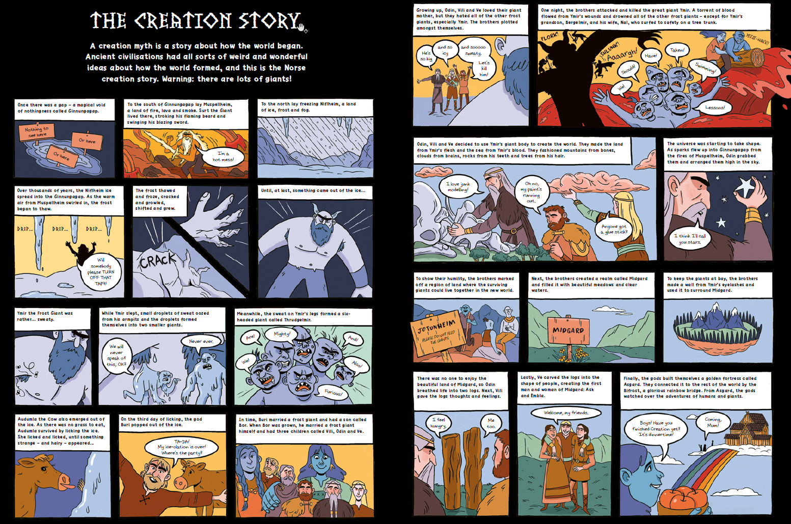 A comic strip showing the Norse creation myth