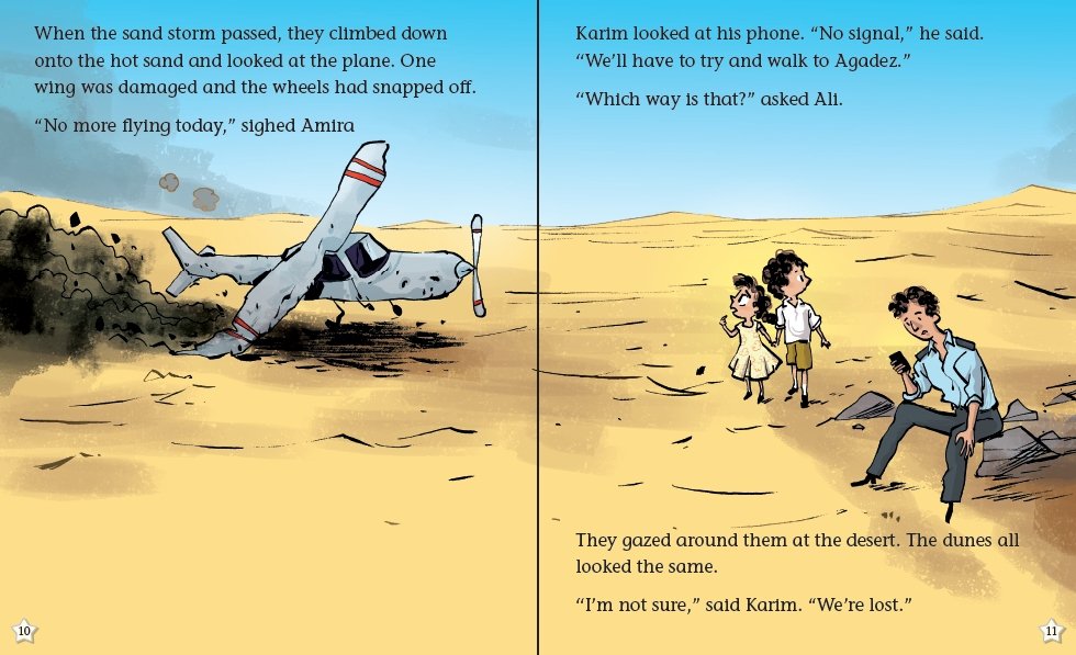 A father and two children sit by their crashed plane in the desert - cartoon