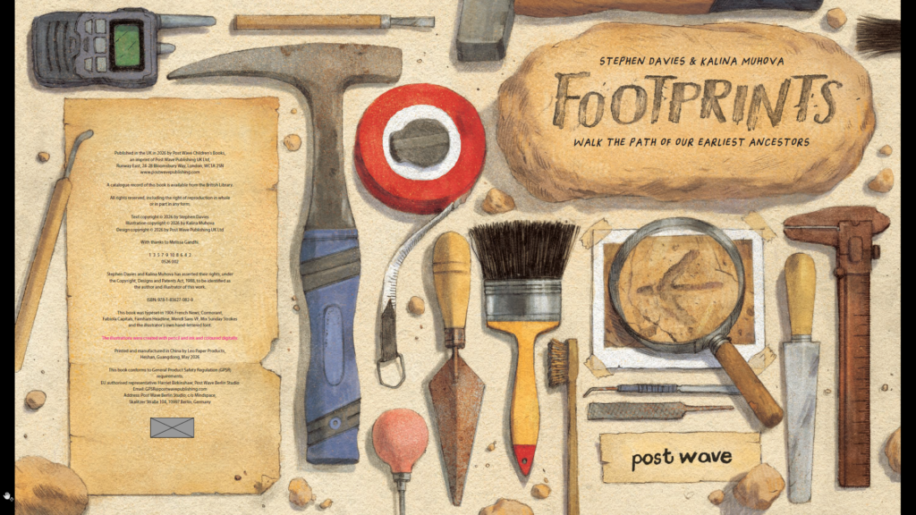 Footprints by Stephen Davies - title page showing palaeontology tools