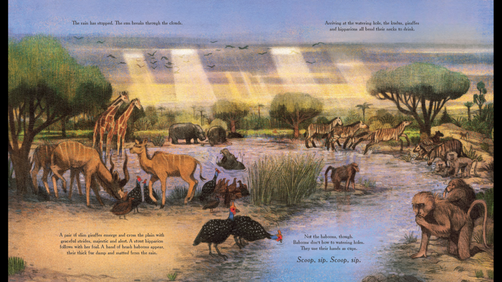animals gathering at a watering hole