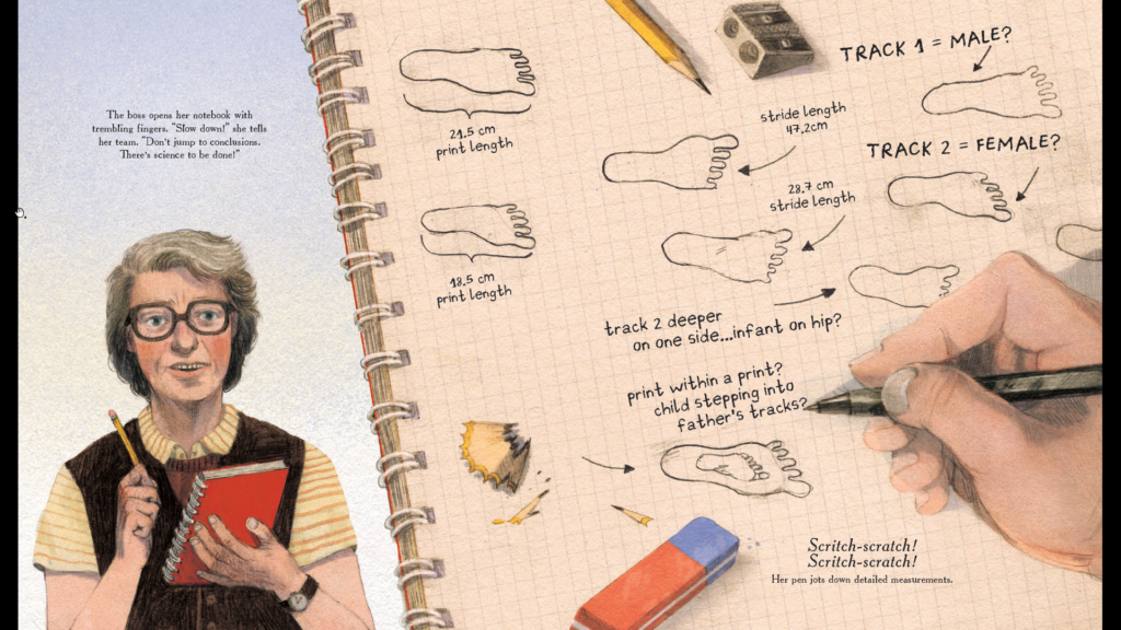 Mary Leakey measuring the Laetoli footprints