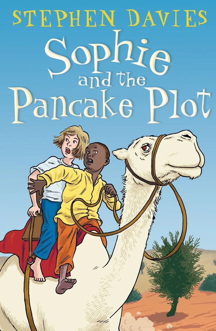 Front cover of Sophie and the Pancake Plot: two children on a camel being chased through the Sahara Desert