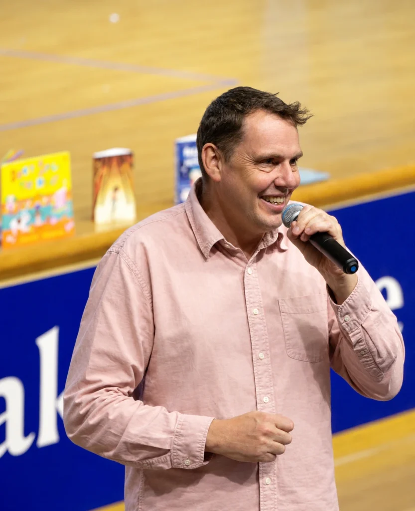 Children's author Stephen Davies giving a World Book Day assembly