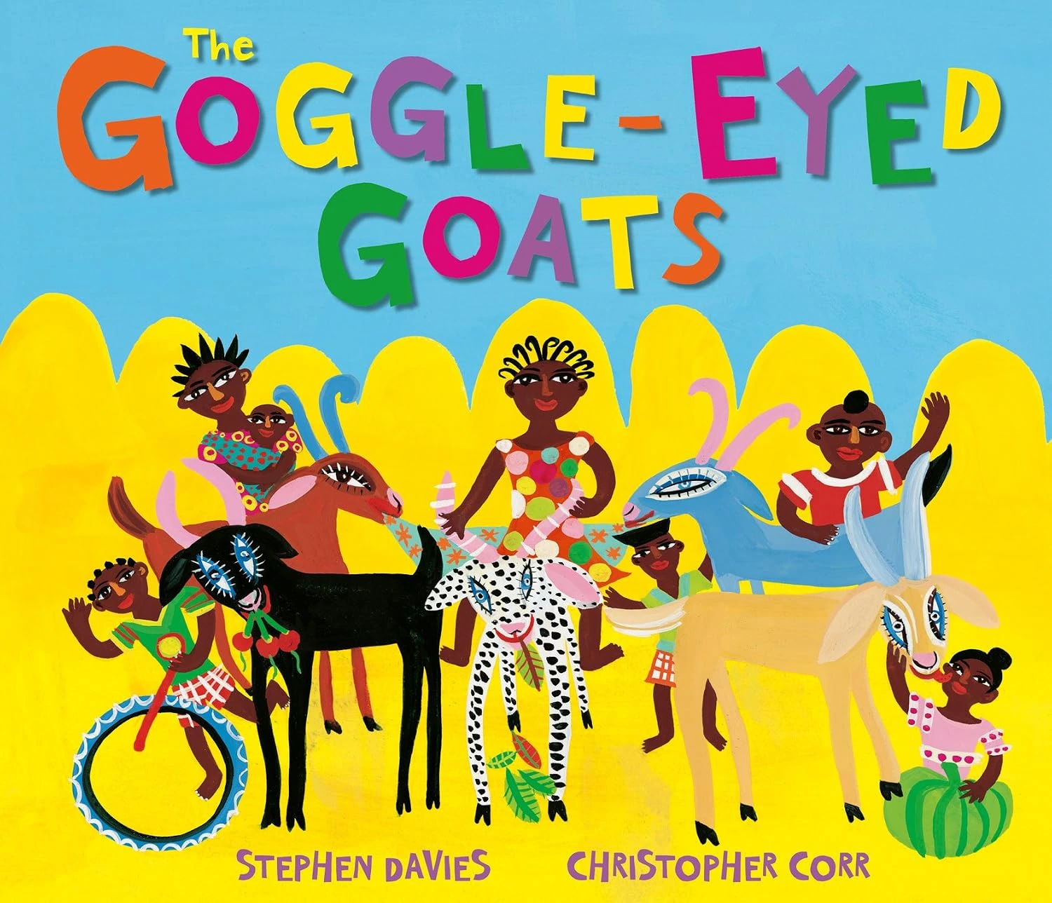 Front cover of The Goggle-Eyed Goats, showing brightly painted zany goats