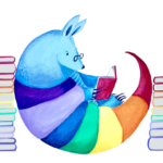 Armadillo newsletter logo, showing an armadillo curled up reading between two enormous stacks of books