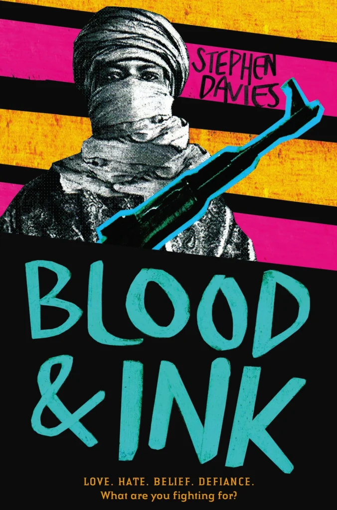 Front cover of Blood & Ink, showing a turbaned fighter with an AK47