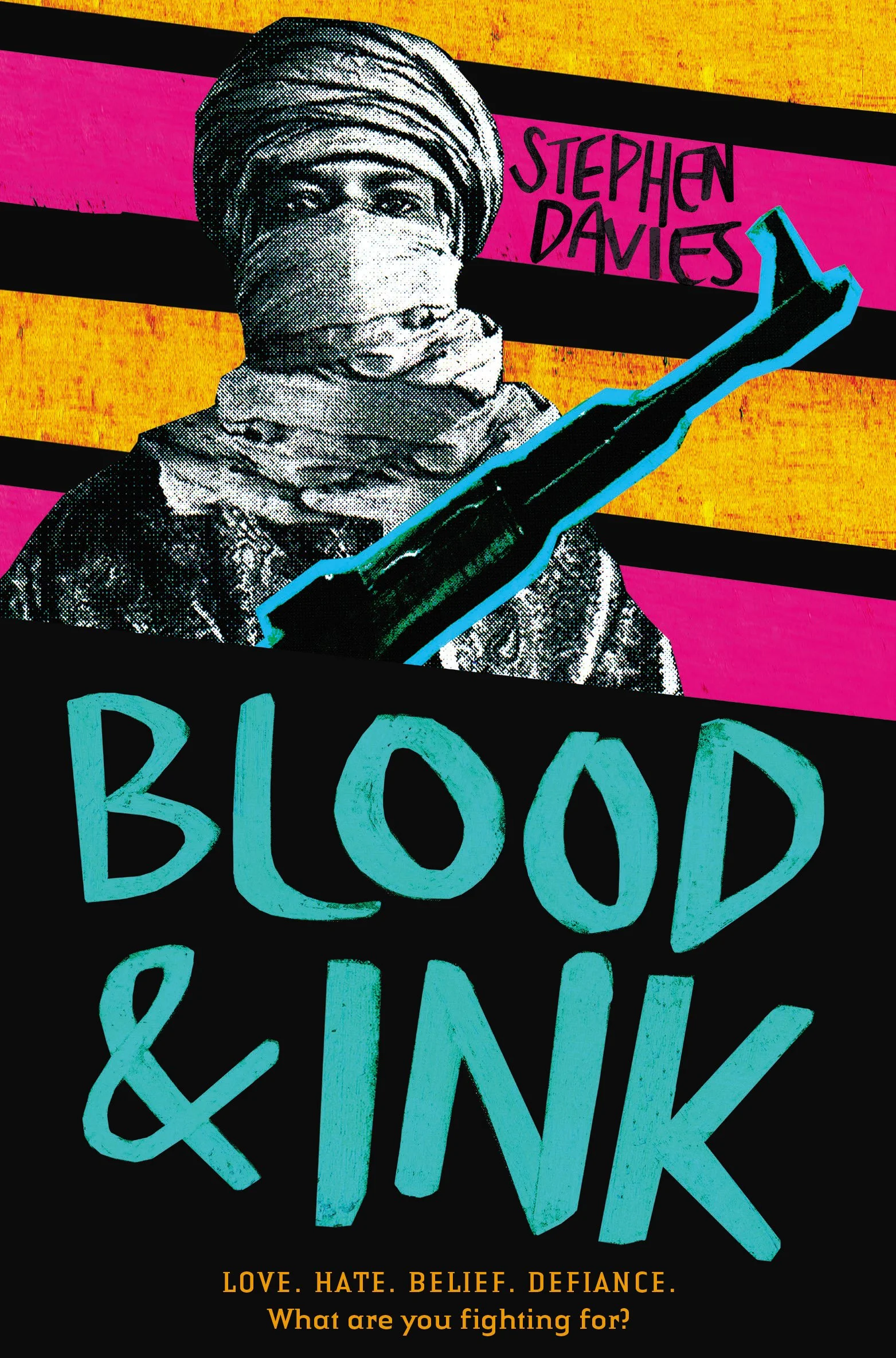 Front cover of Blood & Ink, showing a turbaned fighter with an AK47