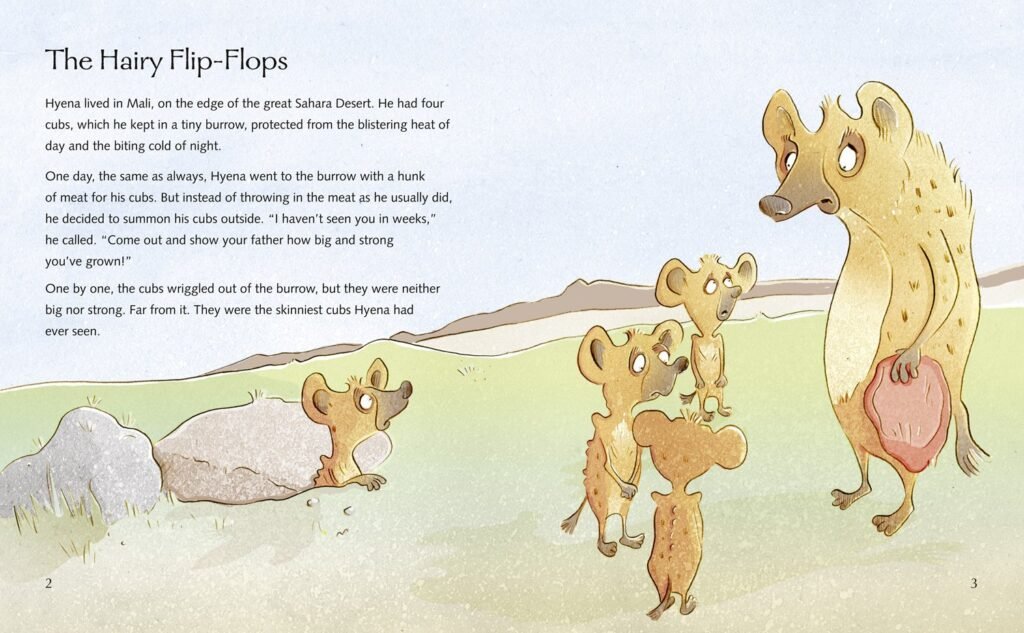 Hyena looks at his skinny cubs - cartoon