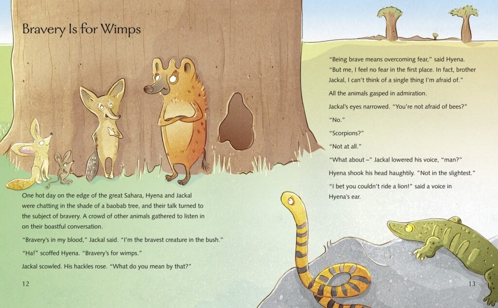Cartoon bush animals chatting by a hollow tree