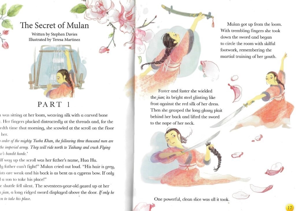 Illustration in vignettes: Mulan takes down her father's sword and cuts off her hair