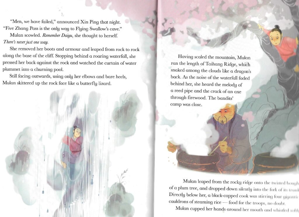 2 illustrations: Mulan scales a waterfall and then spies on a bandit's lair