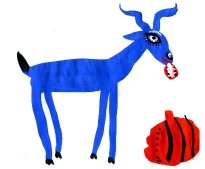 a painting of a naughty blue goat eating a pumpkin